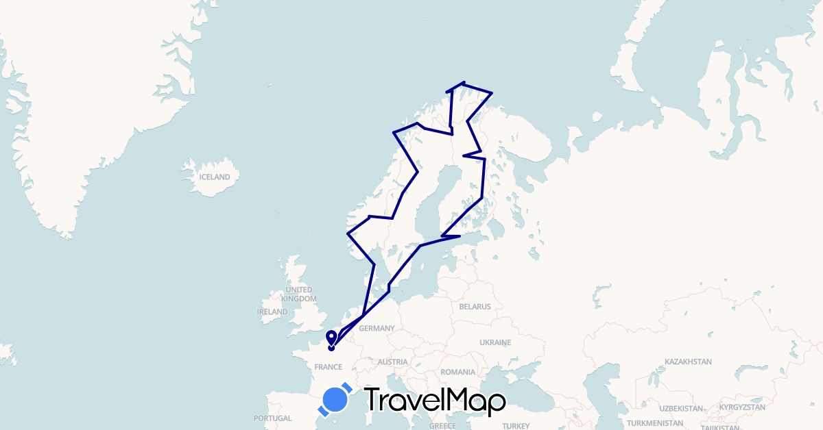 TravelMap itinerary: driving in Belgium, Germany, Denmark, Finland, France, Norway, Sweden (Europe)